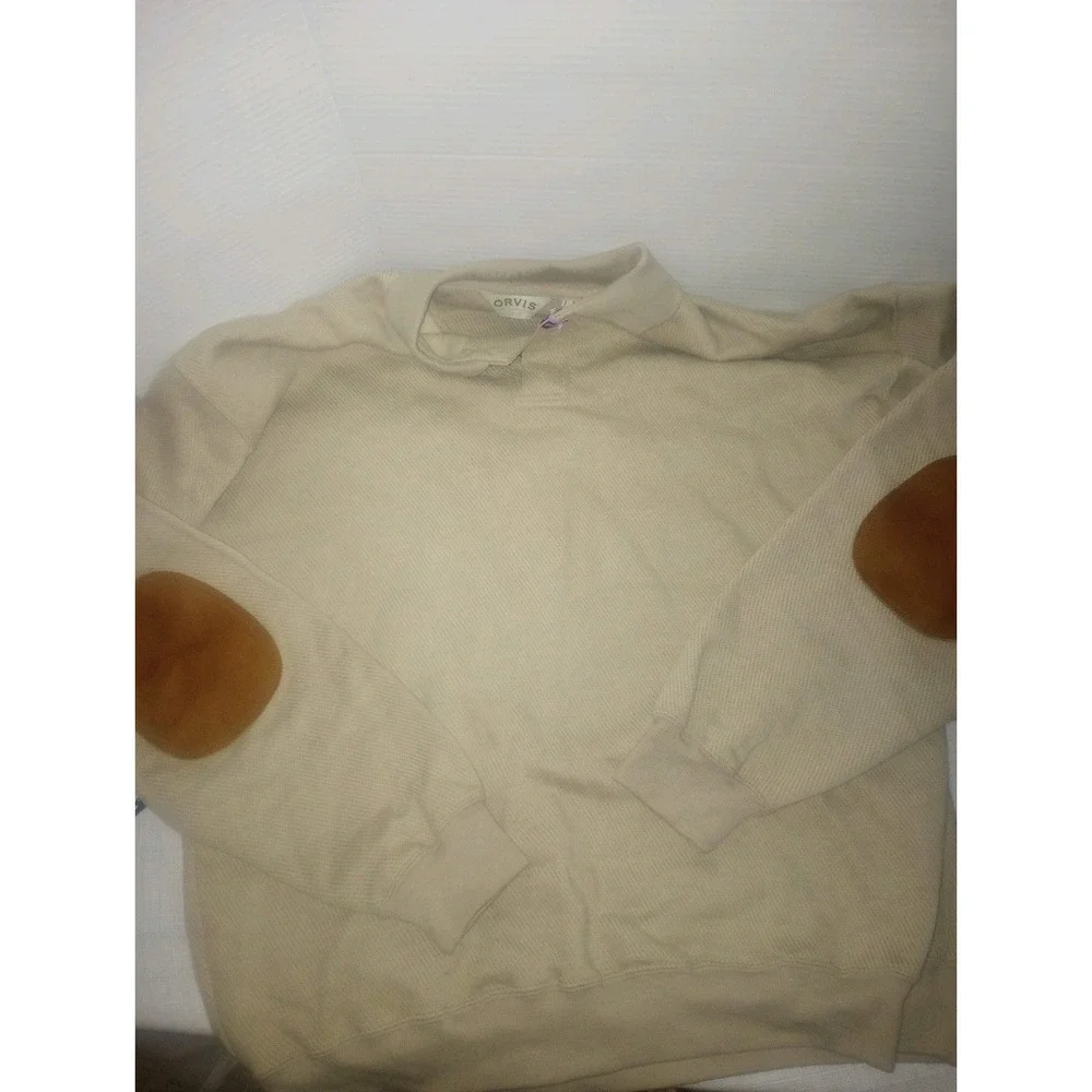 Orvis Pullover Sweater Button Khaki XL Cotton Camel‎ Color Elbow Pads